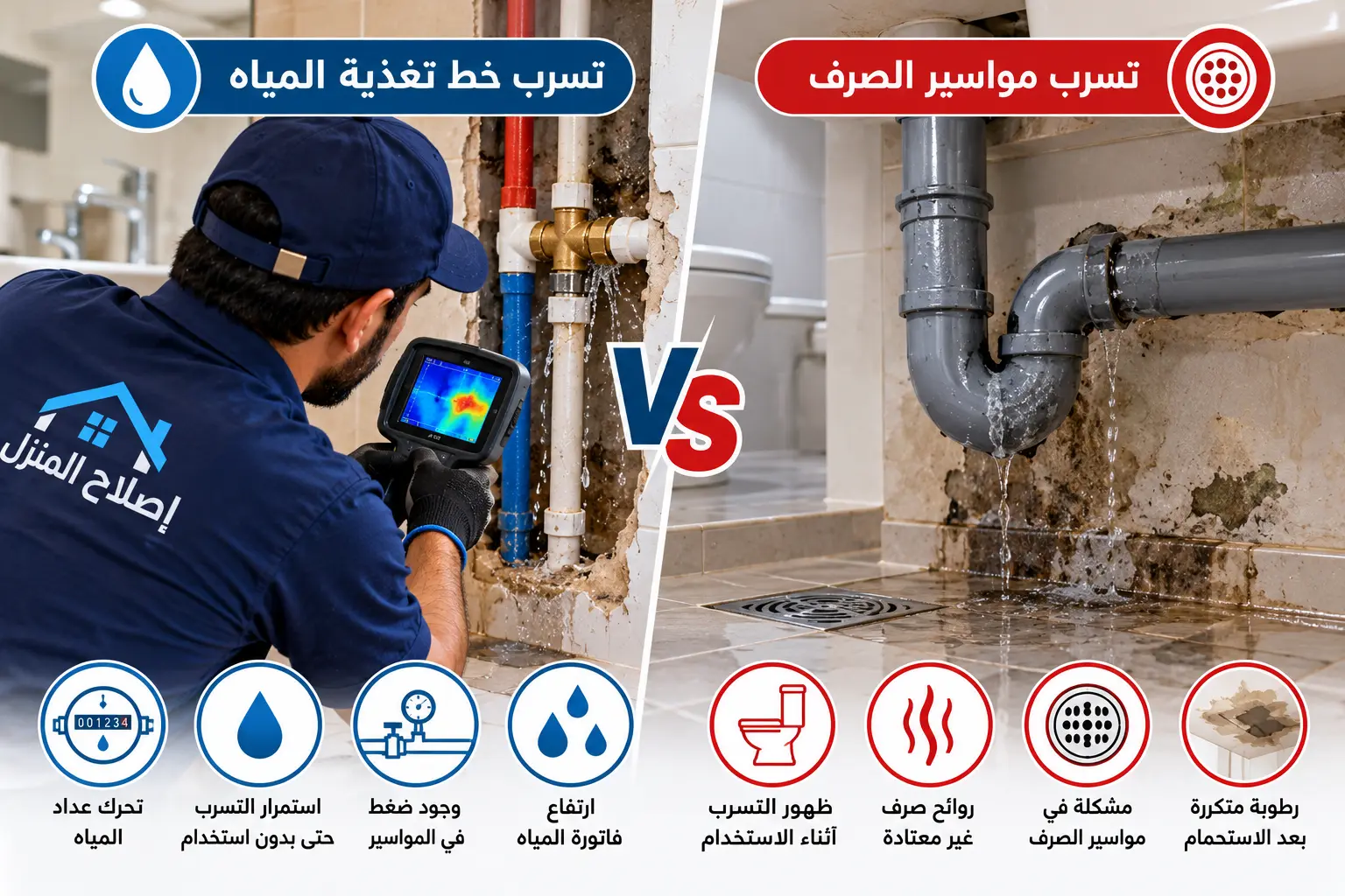 كيف تعرف أن تسرب المياه في دبي من خط التغذية أم من الصرف؟ 3 الفرق بين تسرب خط المياه والصرف